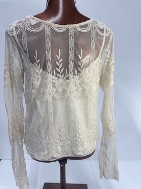 Anthro Lace Pintuck Blouse Womens Small Boho Cottagecore Ivory Top
